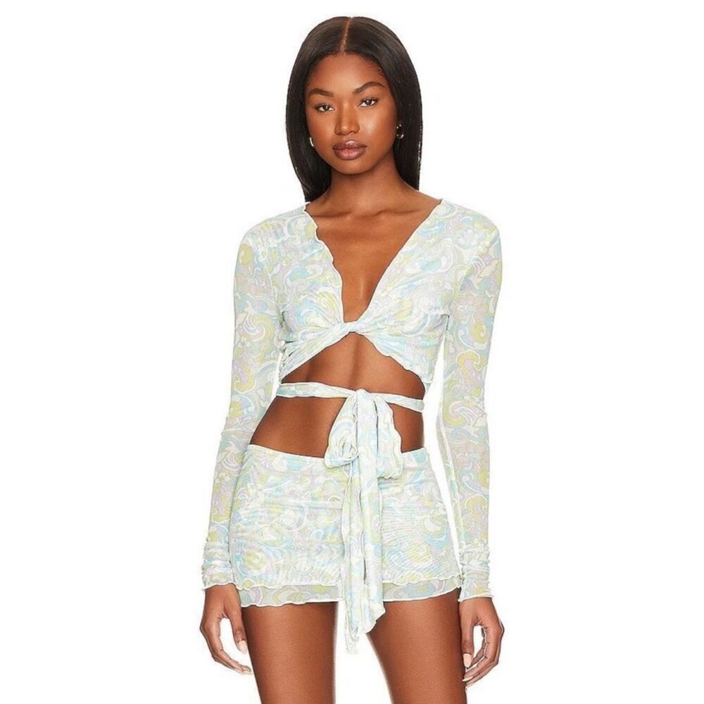 Lovers + Friends Mesh Camila Long Sleeve Wrap Around Top Swirl Retro Print Sz S